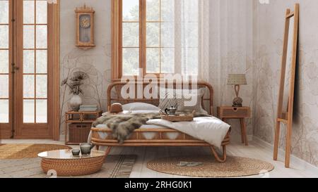 Chambre style boho chic avec lit double et mobilier en rotin. Moquette jute et décors dans les tons blanc et beige. Fond d'écran country, interio bohème Banque D'Images