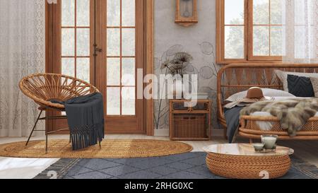 Cette élégante chambre de style boho dispose d''un lit en rotin et d''un mobilier en bois. Moquette jute et décors blancs et gris. Papier peint vintage, intérieur bohème Banque D'Images