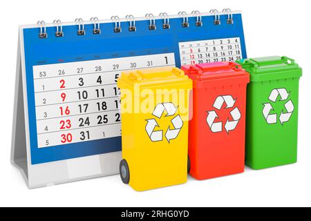 Poubelles de recyclage colorées avec calendrier de bureau, rendu 3D isolé sur fond blanc Banque D'Images