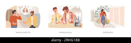 Mauvaises habitudes isolé ensemble d'illustrations vectorielles de concept. Fumer des cigarettes, boire de l'alcool, dépenser trop, tabagisme et dépendance à la nicotine, thérapie de l'alcoolisme, planification budgétaire, concept de vecteur de stress. Illustration de Vecteur
