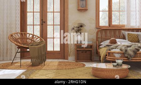 Cette élégante chambre de style boho dispose d''un lit en rotin et d''un mobilier en bois. Moquette jute et décors dans les tons blanc et jaune. Papier peint vintage, bohème interi Banque D'Images