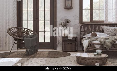 Cette élégante chambre de style boho dispose d''un lit en rotin et d''un mobilier en bois. Moquette jute et décors blancs et sombres. Papier peint vintage, intérieur bohème Banque D'Images