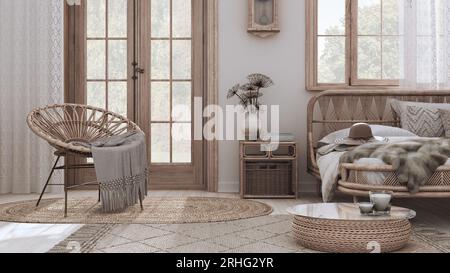 Cette élégante chambre de style boho dispose d''un lit en rotin et d''un mobilier en bois blanchi. Moquette jute et décors dans les tons blanc et beige. Intérieur bohème vintage Banque D'Images