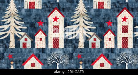 Chalet de noël rustique avec effet de tissu de couture à la main primitive. bordure. Garniture de ruban homespun chic et nostalgique douillet avec americana Banque D'Images