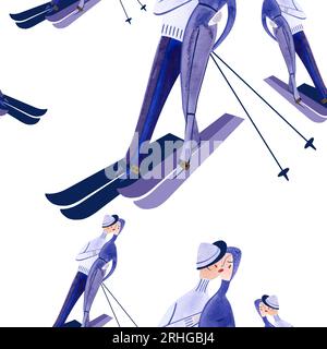 Pattern sans couture aquarelle avec skieurs. Banque D'Images