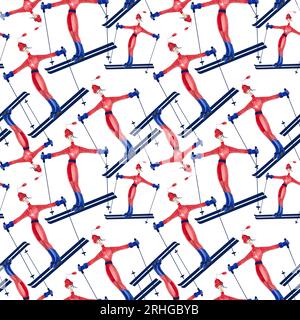 Pattern sans couture aquarelle avec skieurs. Banque D'Images