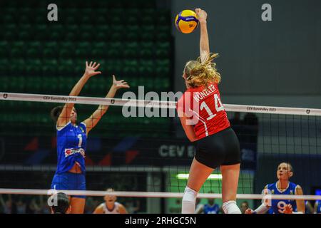 Monza, Italie. 16 août 2023. Laura Kunzler #14 de Suisse vue en action lors du match de volleyball féminin de la finale de la poule B de la CEV EuroVolley 2023 entre la Suisse et la Bosnie-Herzégovine à l'Arena di Monza. Suisse 2 - 3 Bosnie-Herzégovine (25-16, 15-25, 25-23, 17-25, 15-17) crédit : SOPA Images Limited/Alamy Live News Banque D'Images