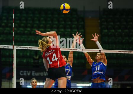 Monza, Italie. 16 août 2023. Laura Kunzler #14 de Suisse vue en action lors du match de volleyball féminin de la finale de la poule B de la CEV EuroVolley 2023 entre la Suisse et la Bosnie-Herzégovine à l'Arena di Monza. Suisse 2 - 3 Bosnie-Herzégovine (25-16, 15-25, 25-23, 17-25, 15-17) crédit : SOPA Images Limited/Alamy Live News Banque D'Images