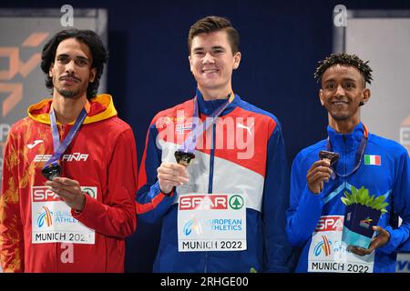 Jakob Ingebrigtsen (Norvège, Or), Mohamed Katir (Espagne, argent), Yemaneberhan Crippa (Italie, Bronze). 5000m. Championnats d'Europe Munich 2022 Banque D'Images