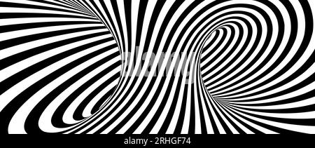 Fond abstrait hypnotique de lignes tournantes. Papier peint tunnel vertical noir et blanc. Motif à rayures torsadéques psychédéliques. Modèle rotatif en spirale pour affiche, bannière, couverture. Illusion d'optique vectorielle Illustration de Vecteur