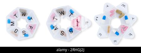 Ensemble de pilules de capsule colorées dans une boîte en plastique. Industrie pharmaceutique. Santé et médecine. Concept de vitamines et de suppléments. Banque D'Images