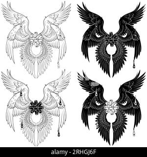 Conception vectorielle de l'ange de type trône de la théologie chrétienne. Ange biblique avec six ailes. Archange Catholique avec Halo et plumes, Trône de G ailé Illustration de Vecteur