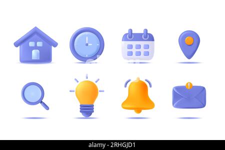 Jeu d'icônes 3D de planning d'entreprise et de bureau. Lieu, heure, calendrier, recherche, ampoule, cloche, icône enveloppe. Illustration de Vecteur
