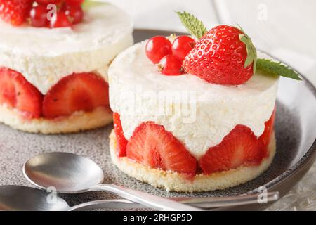 Le gâteau Fraisier à la fraise française se compose de couches d'éponge beurrées remplies de mousseline crème soyeuse closeup sur l'assiette sur la table. Horizontal Banque D'Images