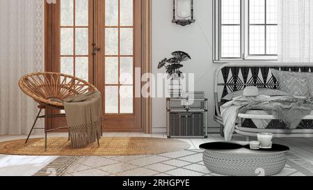 Architecte d'intérieur design concept: Projet non fini dessiné à la main qui devient réel, boho chic chambre de ferme avec lit en rotin et fourrure en bois Banque D'Images