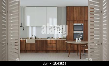Porte pliante blanche s'ouvrant sur une cuisine en bois japandi et une table à manger, décoration intérieure minimaliste, concept architecte designer Banque D'Images
