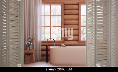 Porte pliante blanche ouvrant sur salle de bain en bois cabane avec baignoire, design intérieur rustique, concept architecte designer Banque D'Images