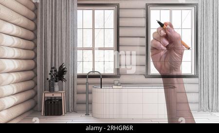 Salle de bains en bois cabane en bois avec baignoire et fenêtres dessinées à la main. Design d'intérieur d'architecture de projet inachevée sur mesure Banque D'Images