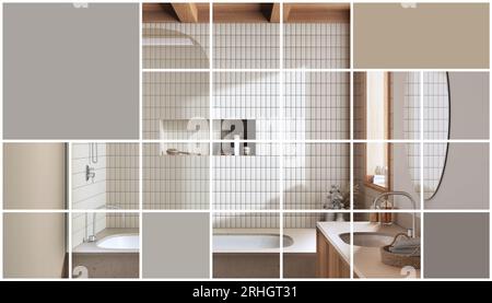 Effet graphique mosaïque carrée géométrique avec espace de copie pour le texte, modèle de présentation, idée de maquette, salle de bains minimale de japandi avec baignoire, concept dans Banque D'Images