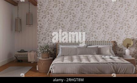 Maquette de design d'intérieur, chambre de ferme dans les tons blancs et beiges. Mobilier en bois et papier peint. Design intérieur Boho Banque D'Images