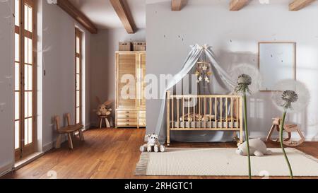Pissenlit aéré moelleux avec des spores de graines soufflant sur la chambre des enfants avec berceau, espace ouvert. Idée de design d'intérieur. Changement, croissance, mouvement et Freedo Banque D'Images