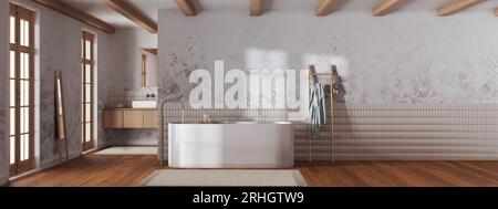 Salle de bain minimaliste Japandi dans les tons blancs et beiges. Baignoire et lavabo en bois. Vue panoramique, maquette murale avec papier peint. Ferme intérieur des Banque D'Images