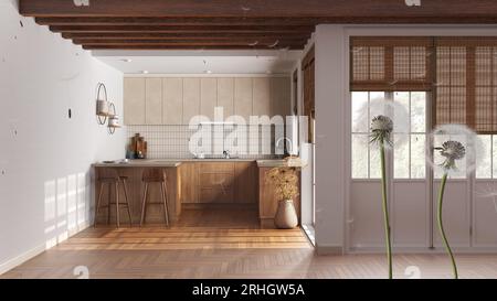 Pissenlit aéré moelleux avec des spores de graines soufflant sur la cuisine en bois de ferme avec îlot. Idée de design d'intérieur. Changement, croissance, mouvement et liberté Banque D'Images