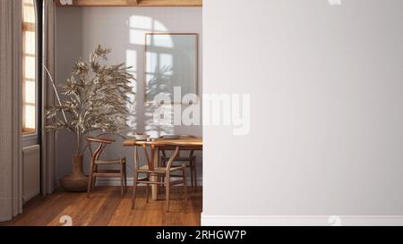 Ferme salle à manger en bois avec parquet, sur un mur de premier plan, idée d'architecture de design d'intérieur, concept avec espace de copie, fond blanc Banque D'Images