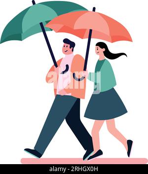 Couple dessiné à la main tenant des parapluies sous la pluie dans un style plat isolé sur fond Illustration de Vecteur