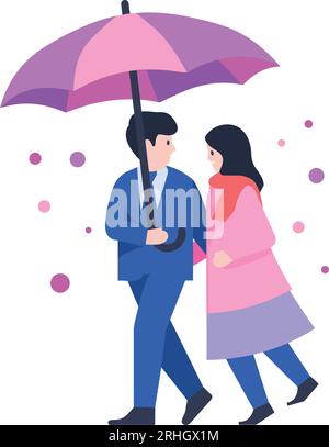 Couple dessiné à la main tenant des parapluies sous la pluie dans un style plat isolé sur fond Illustration de Vecteur