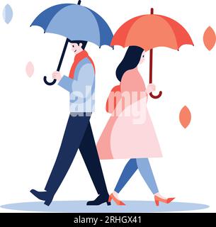 Couple dessiné à la main tenant des parapluies sous la pluie dans un style plat isolé sur fond Illustration de Vecteur