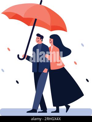 Couple dessiné à la main tenant des parapluies sous la pluie dans un style plat isolé sur fond Illustration de Vecteur