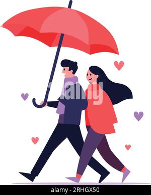 Couple dessiné à la main tenant des parapluies sous la pluie dans un style plat isolé sur fond Illustration de Vecteur