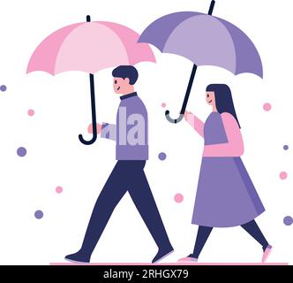 Couple dessiné à la main tenant des parapluies sous la pluie dans un style plat isolé sur fond Illustration de Vecteur