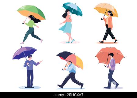 Couple dessiné à la main tenant des parapluies sous la pluie dans un style plat isolé sur fond Illustration de Vecteur