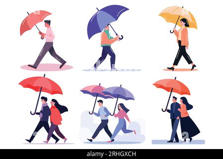 Couple dessiné à la main tenant des parapluies sous la pluie dans un style plat isolé sur fond Illustration de Vecteur