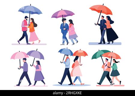 Couple dessiné à la main tenant des parapluies sous la pluie dans un style plat isolé sur fond Illustration de Vecteur