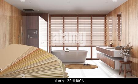 Échantillon de gros plan de la palette de couleurs. Catalogue de sélection de peinture sur scène de design d'intérieur, salle de bain en bois japandi dans un style minimal. Baignoire autoportante et Banque D'Images