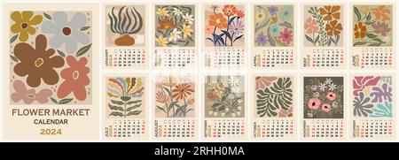 Calendrier floral pour 2024 avec des fleurs abstraites. Illustration de Vecteur