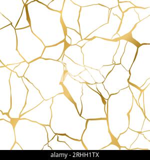 Or kintsugi réparation fissures illustration vectorielle de texture de fond isolé sur fond blanc. Motif en marbre d'aluminium cassé avec des fissures sèches dorées. Nous Illustration de Vecteur