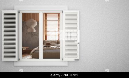 Mur extérieur en plâtre avec fenêtre blanche avec volets, montrant chambre japandi avec lit, fond blanc avec espace de copie, concept de design d'architecture Banque D'Images