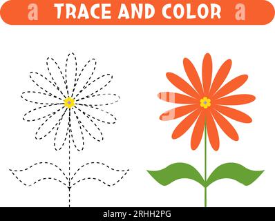 Tracer et colorer la fleur orangée. Feuille de travail pour les enfants Illustration de Vecteur