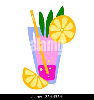 Cocktail tropical de dessin animé. Les couches roses boivent sur fond blanc. Liqueur tirée à la main avec paille, orange, feuilles, bulles. Boisson, soda, jus en verre Illustration de Vecteur