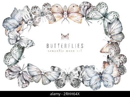 Papillons noirs et blancs aquarelle cadre rectangulaire pour le texte. Plantes et vie de jardin, insectes Banque D'Images