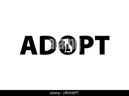 Adoptez le mot avec chat et chien sur fond blanc. Illustration isolée. Banque D'Images
