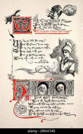 Page du chevalier et du dragon de Thomas Hood, mythologie fantastique, princesse, chat noir, illustré par Ernest Maurice Jessop Banque D'Images