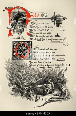 Page du Chevalier et du Dragon de Thomas Hood, mythologie fantastique, homme buvant seul entouré de démons et de dragons, illustré par Ernest Maur Banque D'Images