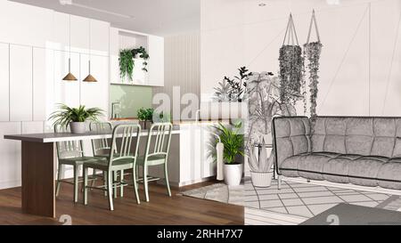 Rouleau de peinture peinture peinture de dessin d'intérieur de plan d'esquisse tandis que l'espace devient réel montrant salon, cuisine. Concept avant et après, Banque D'Images