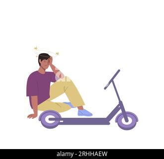 Guy sans casque est tombé du scooter électrique et tenant sa tête assis sur le sol Illustration de Vecteur