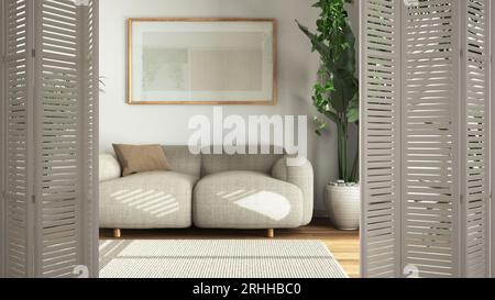 Porte pliante blanche ouvrant sur un salon blanc minimal avec canapé en tissu et maquette de cadre, de nombreuses plantes en pot, concept de designer architecte, jungl urbain Banque D'Images